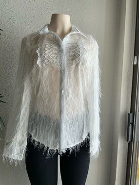 Cream Sheer Feather-Trim Blouse with Tossed Fringe Texture